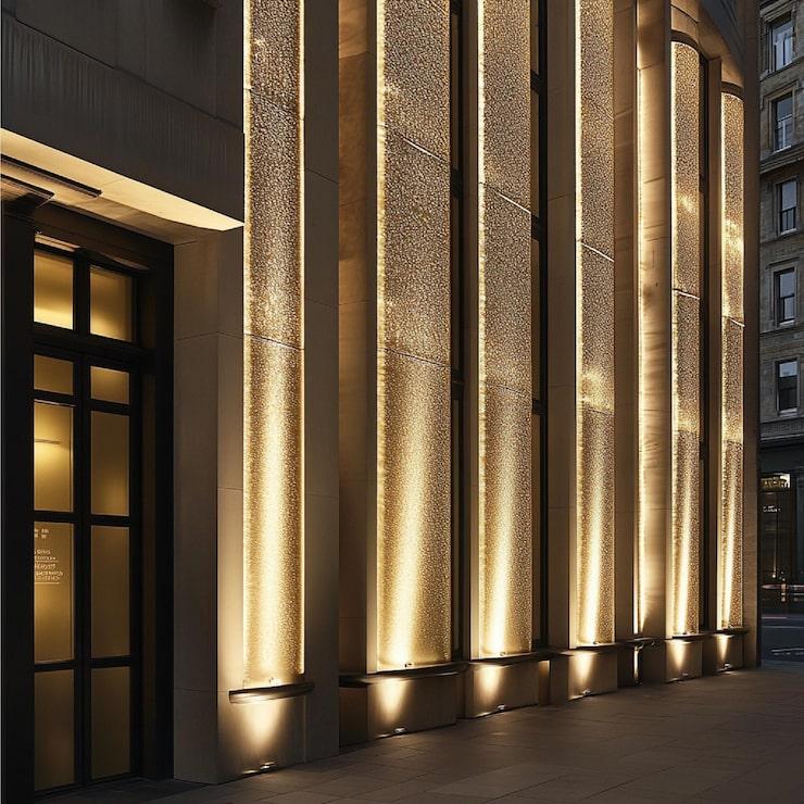 Façade en pierre éclairée du bas vers le haut par des spots encastrés au sol