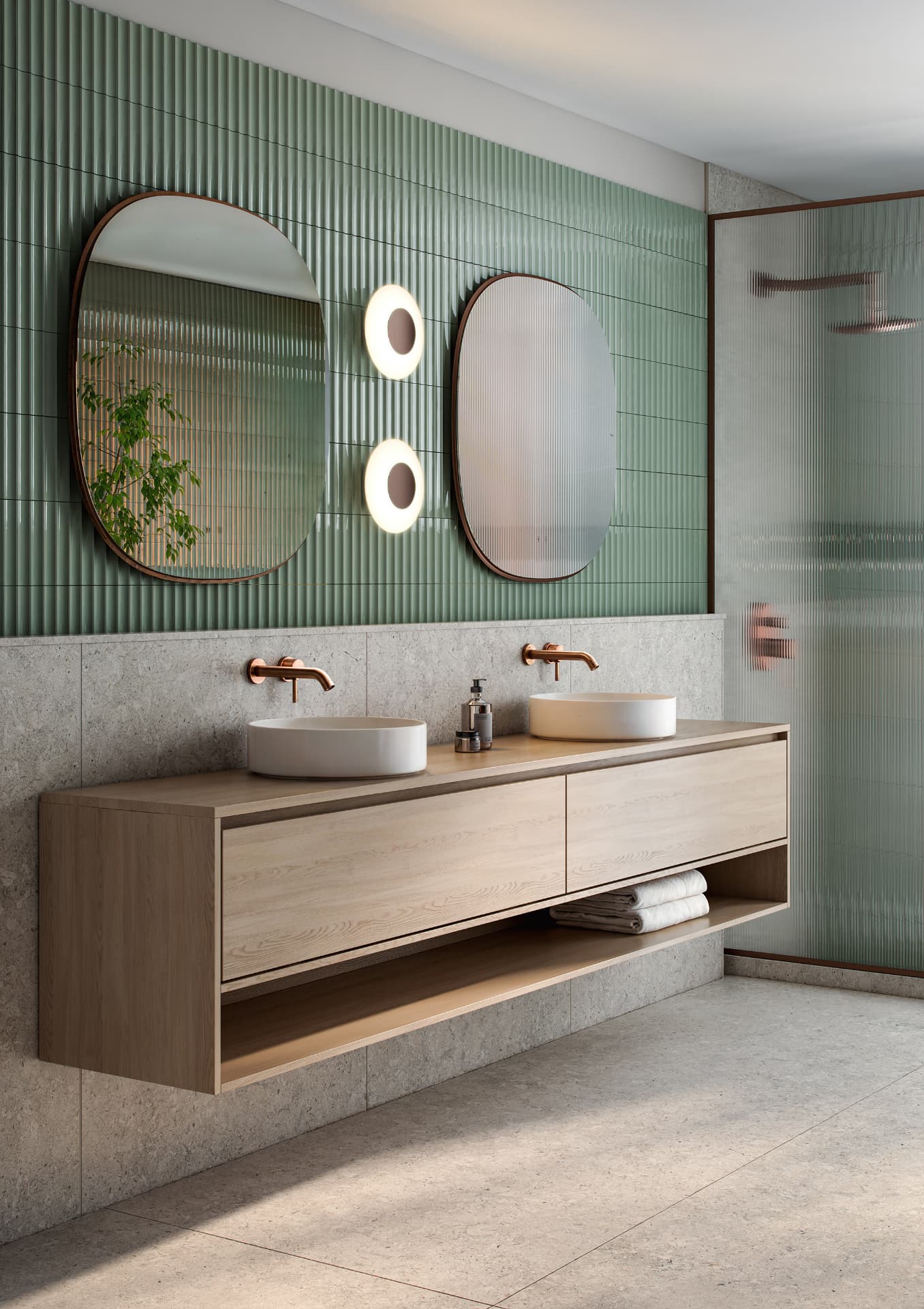 Salle de bains contemporaine avec appliques murales lumineuses circulaires