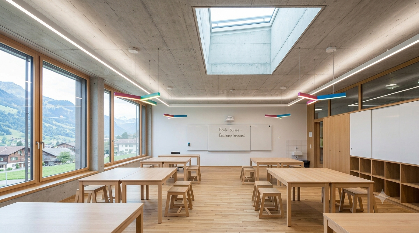Salle de classe suisse équipée de lignes lumineuses LED suspendues