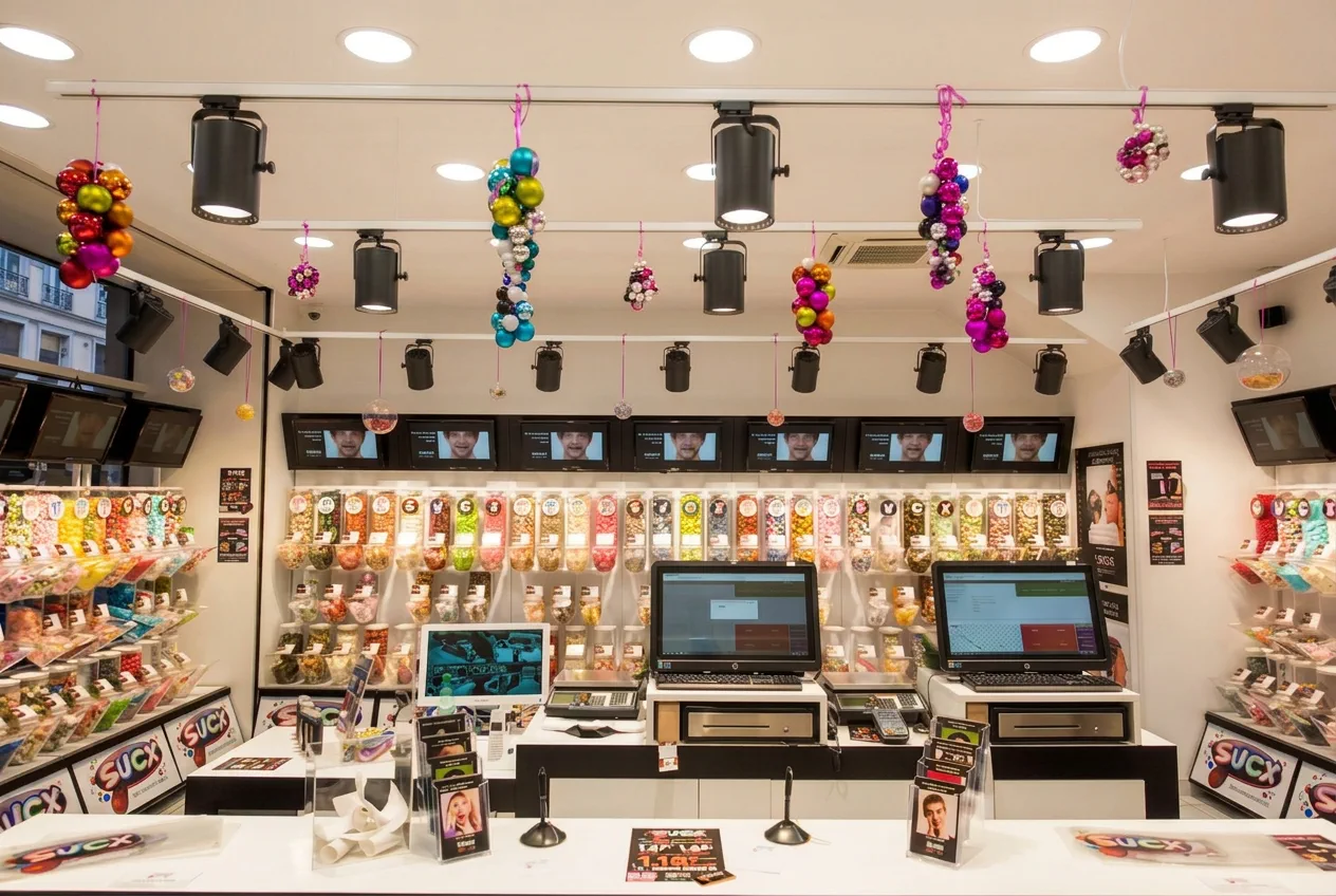Boutique Sucx mise en valeur par des spots sur rails et guirlandes lumineuses