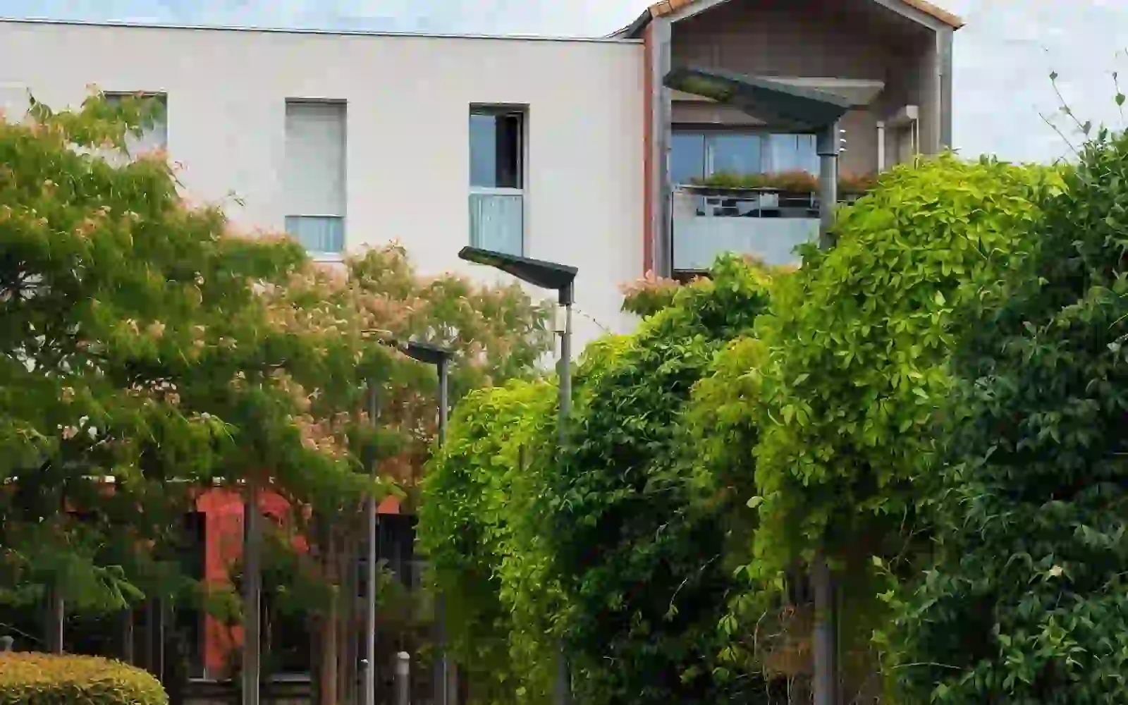Allée résidentielle sécurisée par des lampadaires contemporains et végétation