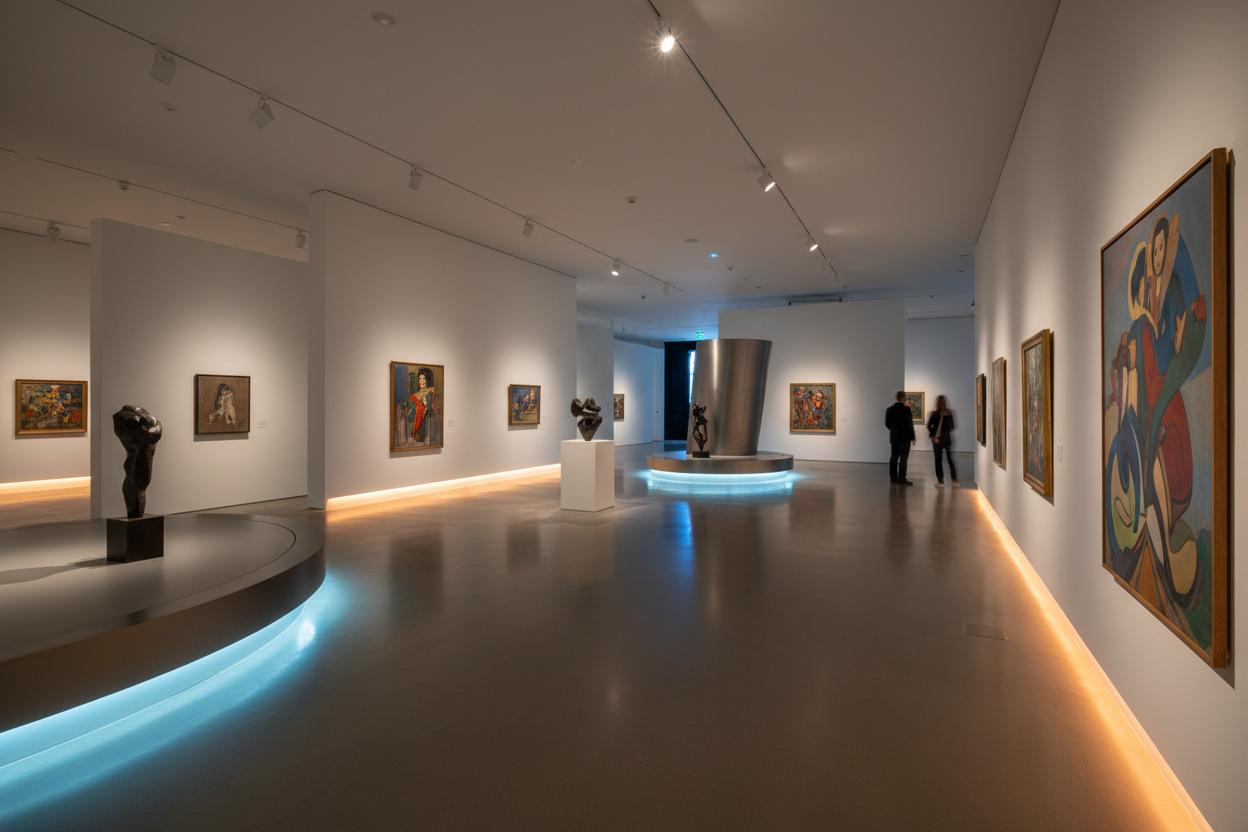 Galerie d'exposition éclairée par rails de projecteurs et lignes LED au sol